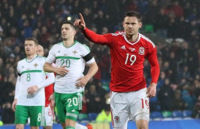 240316 - Wales v Northern Ireland, International Friendly - Simon Church of Wales  celebrates after scoring from the penalty spot