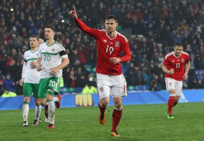 240316 - Wales v Northern Ireland, International Friendly - Simon Church of Wales  celebrates after scoring from the penalty spot
