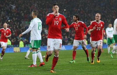 240316 - Wales v Northern Ireland, International Friendly - Simon Church of Wales  celebrates after scoring from the penalty spot