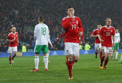 240316 - Wales v Northern Ireland, International Friendly - Simon Church of Wales  celebrates after scoring from the penalty spot