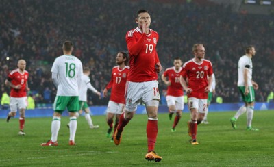 240316 - Wales v Northern Ireland, International Friendly - Simon Church of Wales  celebrates after scoring from the penalty spot