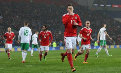 240316 - Wales v Northern Ireland, International Friendly - Simon Church of Wales  celebrates after scoring from the penalty spot