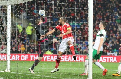 240316 - Wales v Northern Ireland, International Friendly - Ashley Williams of Wales puts Northern Ireland’s goalkeeper Michael McGovern under pressure