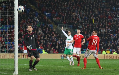 240316 - Wales v Northern Ireland, International Friendly - Simon Church of Wales goes close to scoring with a headed attempt at goal