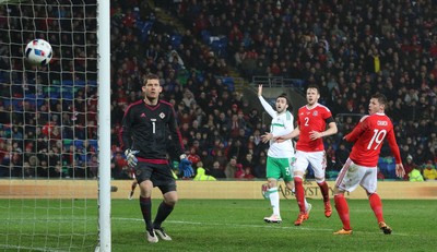 240316 - Wales v Northern Ireland, International Friendly - Simon Church of Wales goes close to scoring with a headed attempt at goal