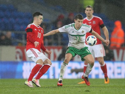 240316 - Wales v Northern Ireland, International Friendly - Patrick McNair of Northern Ireland looks to win the ball