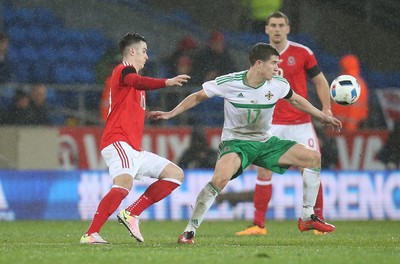 240316 - Wales v Northern Ireland, International Friendly - Patrick McNair of Northern Ireland looks to win the ball