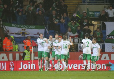 240316 - Wales v Northern Ireland, International Friendly - Northern Ireland celebrate after scoring goal