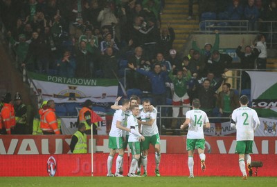 240316 - Wales v Northern Ireland, International Friendly - Northern Ireland celebrate after scoring goal