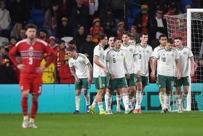 310326 - Wales v Northern Ireland - International Friendly - Jamie Donley of Northern Ireland celebrates scoring a goal with team mates