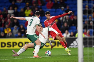 310326 - Wales v Northern Ireland - International Friendly - Brennan Johnson of Wales is challenged by Tom Atcheson of Northern Ireland