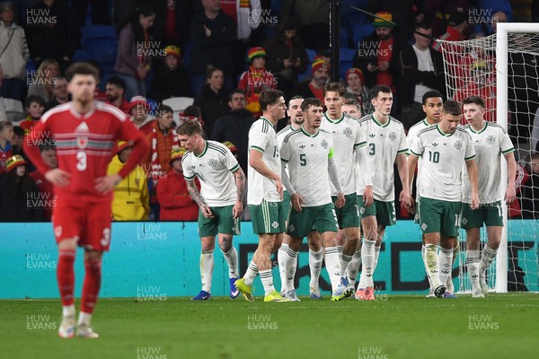 310326 - Wales v Northern Ireland - International Friendly - Jamie Donley of Northern Ireland celebrates scoring a goal with team mates