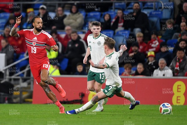 310326 - Wales v Northern Ireland - International Friendly - Sorba Thomas of Wales is challenged by Ethan Galbraith of Northern Ireland