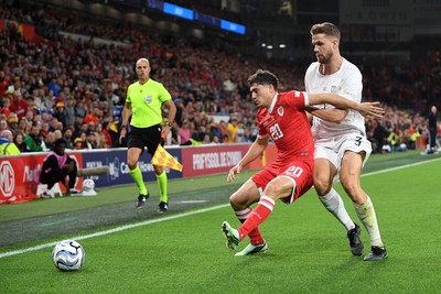 011026 - Wales v Norway - UEFA Nations League - Dan James of Wales is challenged by Kristoffer Vassbakk Ajer of Norway