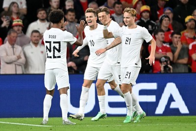 011026 - Wales v Norway - UEFA Nations League - Oscar Bobb of Norway celebrates scoring a goal