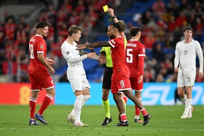 011026 - Wales v Norway - UEFA Nations League - Both Martin Odegaard of Norway and Sorba Thomas of Wales are booked after things boil over