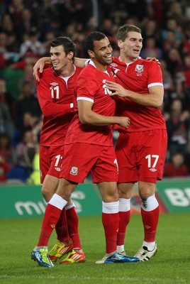 12.11.11 -  Wales v Norway, International Friendly -  Wales' Sam Vokes celebrates with Gareth Bale and Hal Robson-Kanu after scoring Wales' fourth goal             