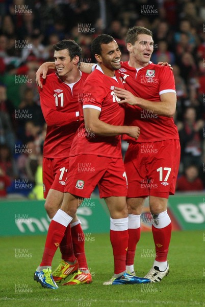 12.11.11 -  Wales v Norway, International Friendly -  Wales' Sam Vokes celebrates with Gareth Bale and Hal Robson-Kanu after scoring Wales' fourth goal             