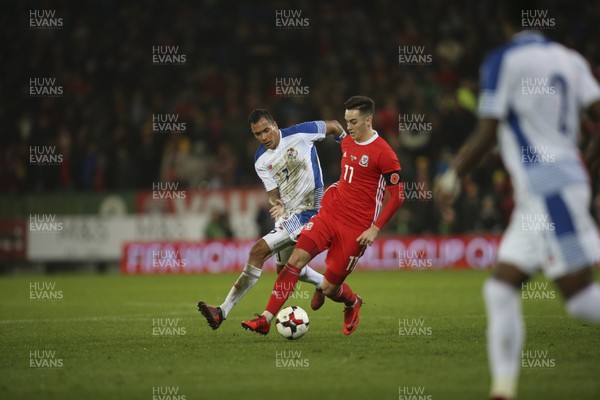 141117 - Wales v Panama, International Friendly match - Tom Lawrence of Wales holds off Blas Perez of Panama
