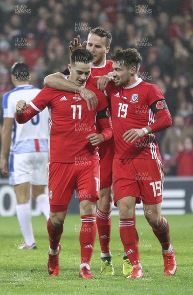 141117 - Wales v Panama, International Friendly match - Tom Lawrence of Wales celebrates with Marley Watkins of Wales and Tom Bradshaw of Wales after scoring goal