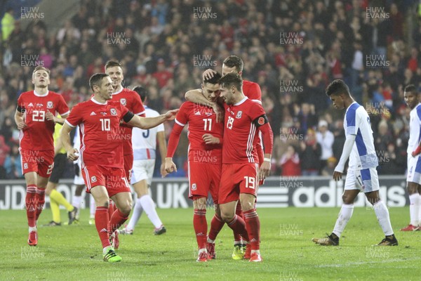 141117 - Wales v Panama, International Friendly match - Tom Lawrence of Wales celebrates with Marley Watkins of Wales and Tom Bradshaw of Wales after scoring goal