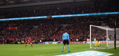 260324 - Wales v Poland, Euro 2024 qualifying Play-off Final - Daniel James of Wales misses the penalty which handed Poland the win