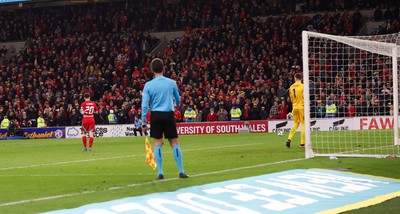 260324 - Wales v Poland, Euro 2024 qualifying Play-off Final - Daniel James of Wales misses the penalty which handed Poland the win