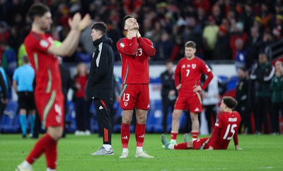 260324 - Wales v Poland, Euro 2024 qualifying Play-off Final - Kieffer Moore of Wales reacts after Wales lose the penalty shootout