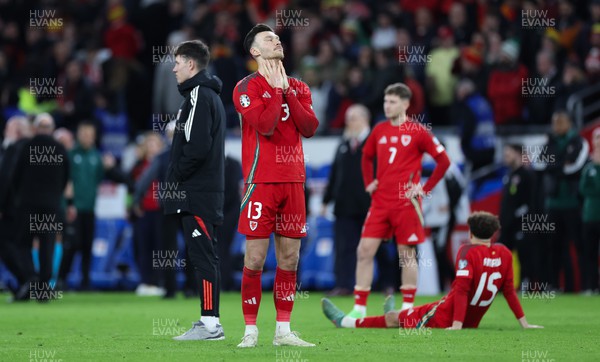 260324 - Wales v Poland, Euro 2024 qualifying Play-off Final - Kieffer Moore of Wales reacts after Wales lose the penalty shootout