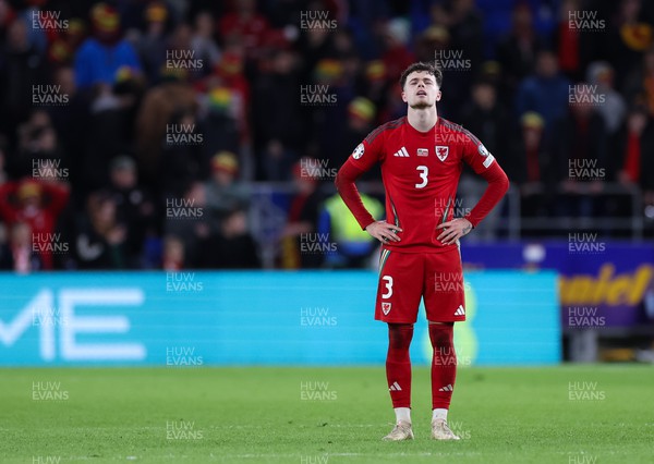 260324 - Wales v Poland, Euro 2024 qualifying Play-off Final - Neco Williams of Wales after Wales lose the penalty shootout