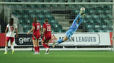 281025 - Wales v Poland, Women’s International Challenge Match - Wales goalkeeper Olivia Clark is beaten by a shot from Milkena Kokosz of Poland