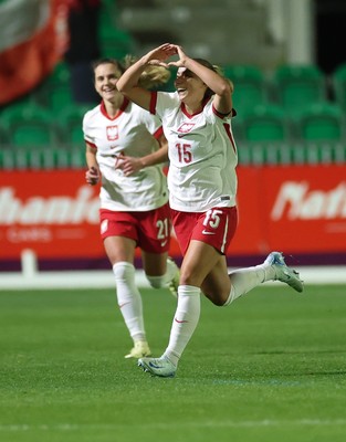 281025 - Wales v Poland, Women’s International Challenge Match - Milkena Kokosz of Poland celebrates after she scores Poland’s second goal