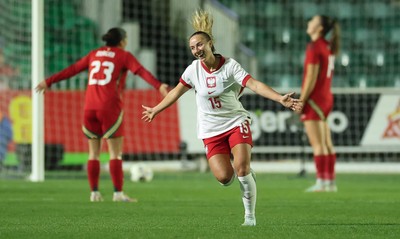 281025 - Wales v Poland, Women’s International Challenge Match - Milkena Kokosz of Poland celebrates after she scores Poland’s second goal