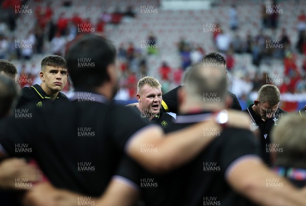 160923 - Wales v Portugal - Rugby World Cup France 2023 - Pool C - Dewi Lake of Wales speaks to the team at full time