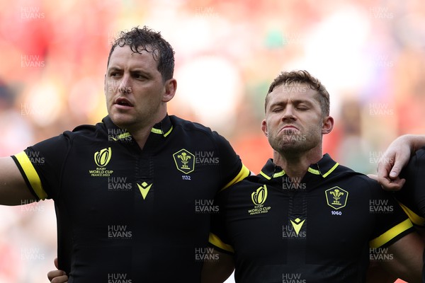 160923 - Wales v Portugal - Rugby World Cup France 2023 - Pool C - Ryan Elias and Leigh Halfpenny of Wales sing the anthem