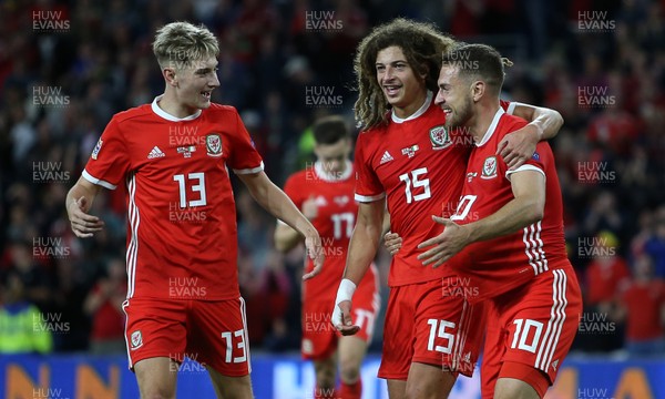 060918 - Wales v Republic of Ireland - UEFA Nations League - Aaron Ramsey of Wales celebrates scoring a goal with David Brooks and Ethan Ampadu