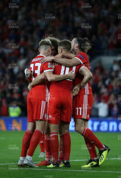 060918 - Wales v Republic of Ireland - UEFA Nations League - Aaron Ramsey of Wales celebrates scoring a goal with David Brooks, Ethan Ampadu and Gareth Bale