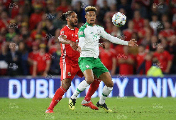 060918 - Wales v Republic of Ireland, UEFA Nations League - Callum Robinson of Republic of Ireland holds off the challenge from Ashley Williams of Wales