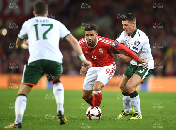 091017 - Wales v Republic of Ireland - FIFA World Cup Qualifier 2018 - Hal Robson-Kanu of Wales is tackled by Ciaran Clark of Republic of Ireland