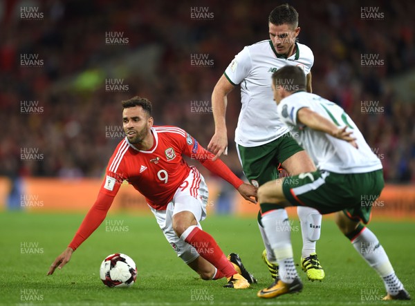 091017 - Wales v Republic of Ireland - FIFA World Cup Qualifier 2018 - Hal Robson-Kanu of Wales is tackled by Ciaran Clark of Republic of Ireland
