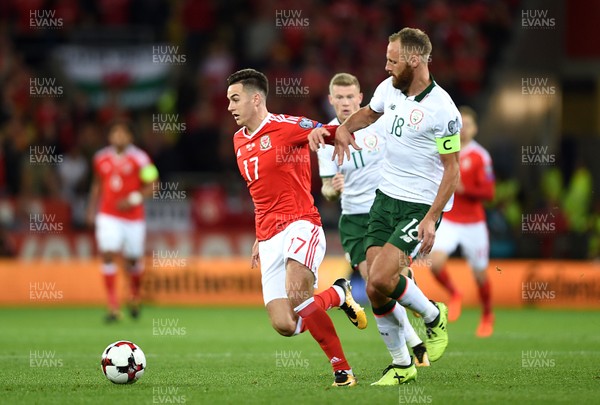 091017 - Wales v Republic of Ireland - FIFA World Cup Qualifier 2018 - Tom Lawrence of Wales is tackled by David Meyler of Republic of Ireland