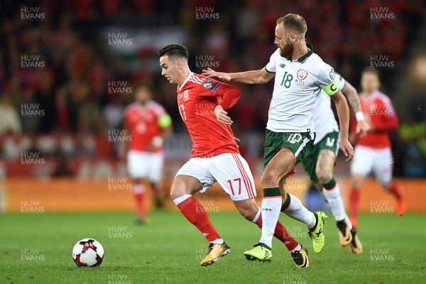 091017 - Wales v Republic of Ireland - FIFA World Cup Qualifier 2018 - Tom Lawrence of Wales is tackled by David Meyler of Republic of Ireland