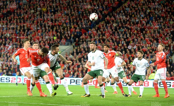 091017 - Wales v Republic of Ireland - FIFA World Cup Qualifier 2018 - Hal Robson-Kanu of Wales heads a shot at goal