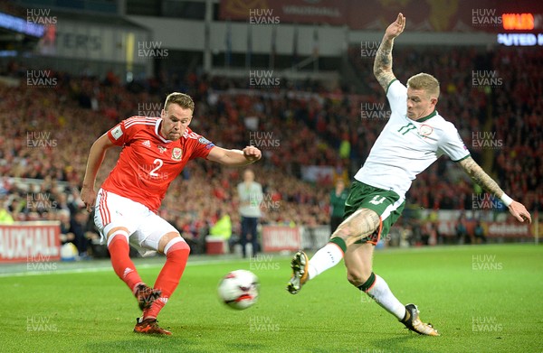 091017 - Wales v Republic of Ireland - FIFA World Cup Qualifier 2018 - Chris Gunter of Wales gets the ball past James McClean of Republic of Ireland