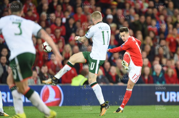 091017 - Wales v Republic of Ireland - FIFA World Cup Qualifier 2018 - Tom Lawrence of Wales tries a shot at goal