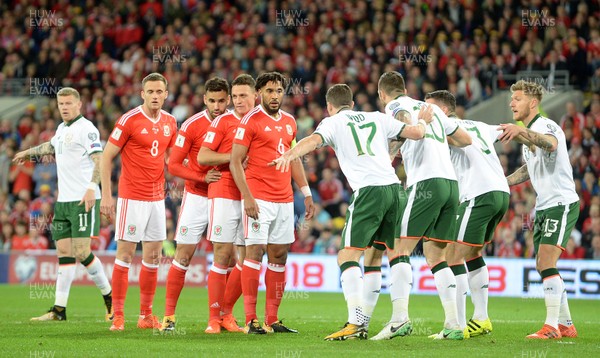 091017 - Wales v Republic of Ireland - FIFA World Cup Qualifier 2018 - Andy King, Hal Robson-Kanu, James Chester and Ashley Williams of Wales line up