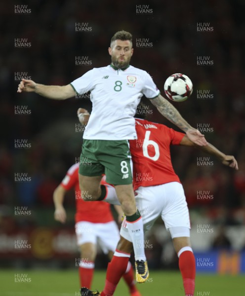 091017 - Wales v Republic of Ireland, FIFA World Cup 2018 Qualifier - Daryl Murphy of Republic of Ireland wins the ball from Ashley Williams of Wales