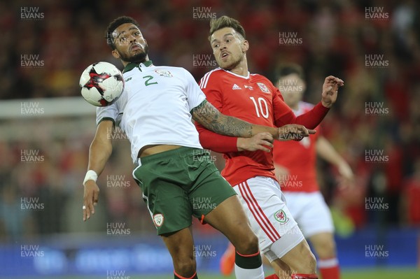 091017 - Wales v Republic of Ireland, FIFA World Cup 2018 Qualifier - Cyrus Christie of Republic of Ireland and Aaron Ramsey of Wales compete for the ball