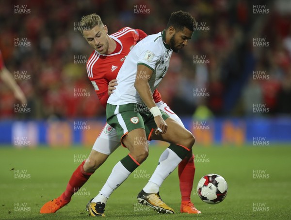 091017 - Wales v Republic of Ireland, FIFA World Cup 2018 Qualifier - Cyrus Christie of Republic of Ireland and Aaron Ramsey of Wales compete for the ball
