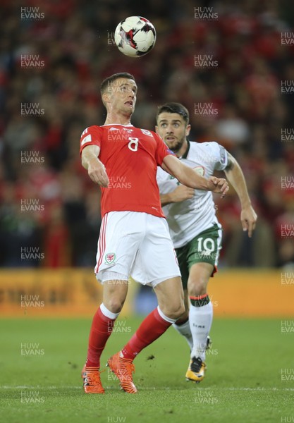 091017 - Wales v Republic of Ireland, FIFA World Cup 2018 Qualifier - Andy King of Wales wins the ball from Robbie Brady of Republic of Ireland